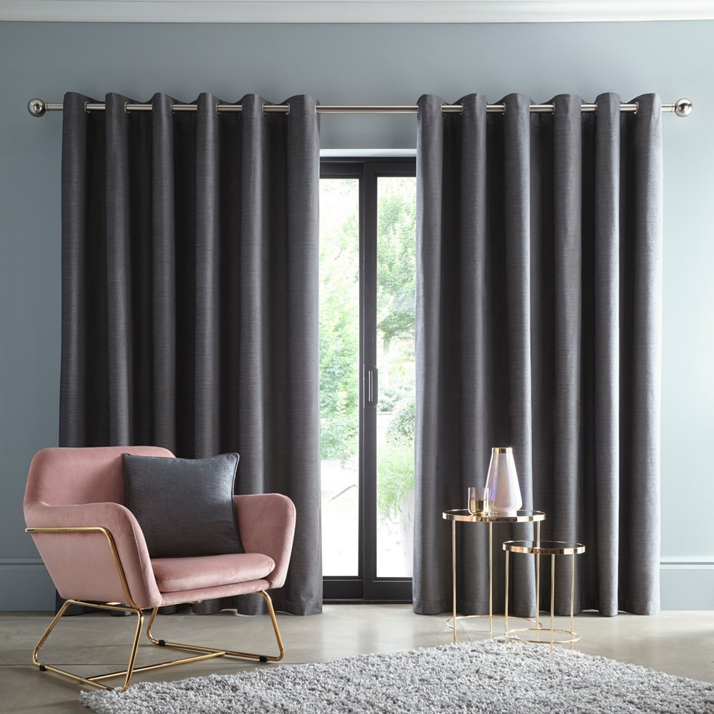 Arezzo Plain Blackout Curtains By Clarke And Clarke in Charcoal Grey